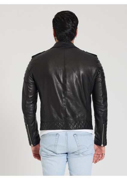 Erkek Siyah Biker Deri Ceket
