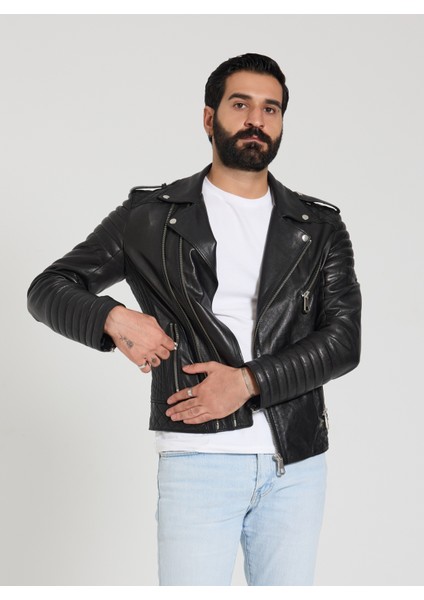 Erkek Siyah Biker Deri Ceket