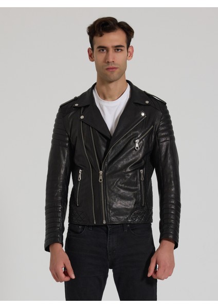 Erkek Siyah Biker Deri Ceket