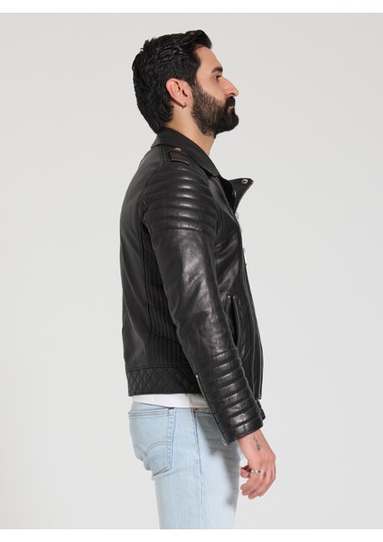 Erkek Siyah Biker Deri Ceket