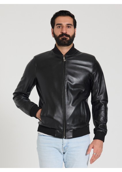 Erkek Siyah Bomber Deri Ceket