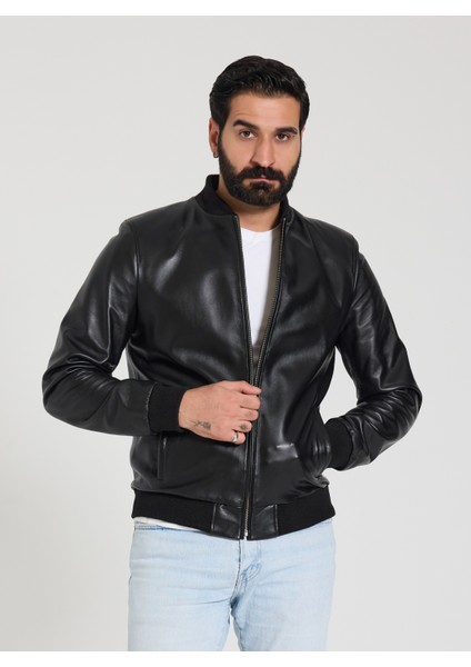 Erkek Siyah Bomber Deri Ceket