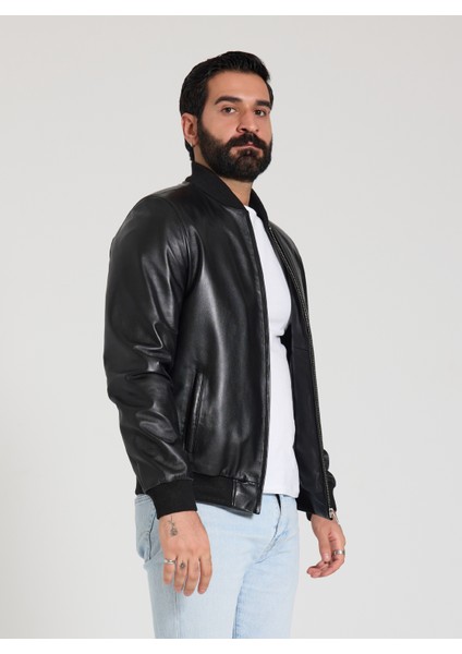 Erkek Siyah Bomber Deri Ceket