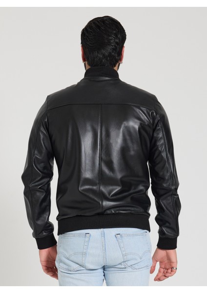 Erkek Siyah Bomber Deri Ceket