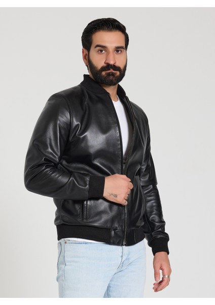 Erkek Siyah Bomber Deri Ceket