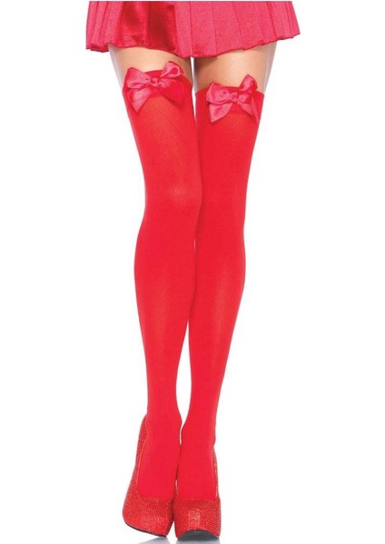 Mulvxley LEY02 Kırmızı Fiyonklu Kırmızı Jartiyer Çorabı TM1211 (Mulvix)