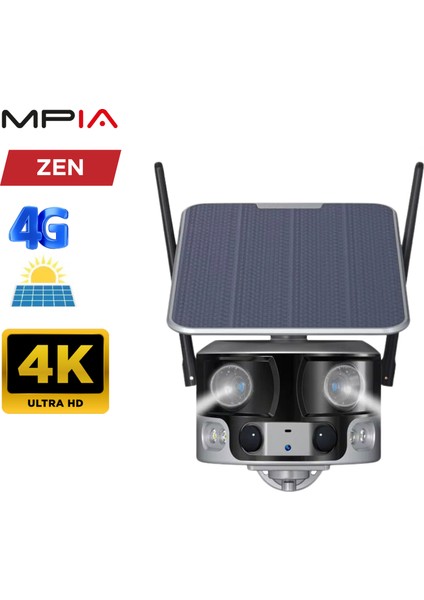 Mpia Zen Ip Kamera 4K / 8 Mp Panoramik Çift Lens 4g Sım Kart / Solar Güneş Paneli 180° Ultra Geniş Görüş Açısı