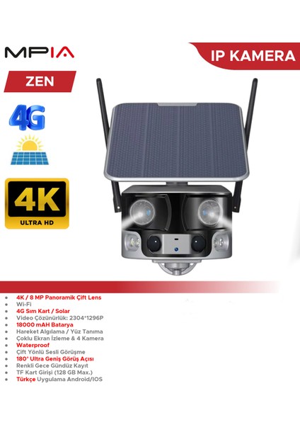 Mpia Zen Ip Kamera 4K / 8 Mp Panoramik Çift Lens 4g Sım Kart / Solar Güneş Paneli 180° Ultra Geniş Görüş Açısı