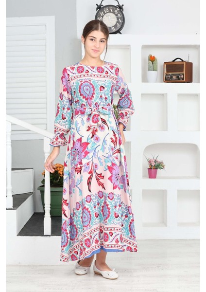 Kız Çocuk Viskon Kumaş Desenli Uzun Mavi Tesettür ELBISE-ELB-0019