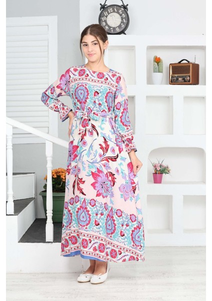 Kız Çocuk Viskon Kumaş Desenli Uzun Mavi Tesettür ELBISE-ELB-0019