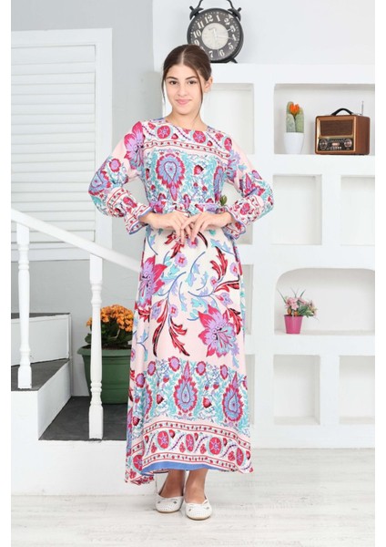 Kız Çocuk Viskon Kumaş Desenli Uzun Mavi Tesettür ELBISE-ELB-0019