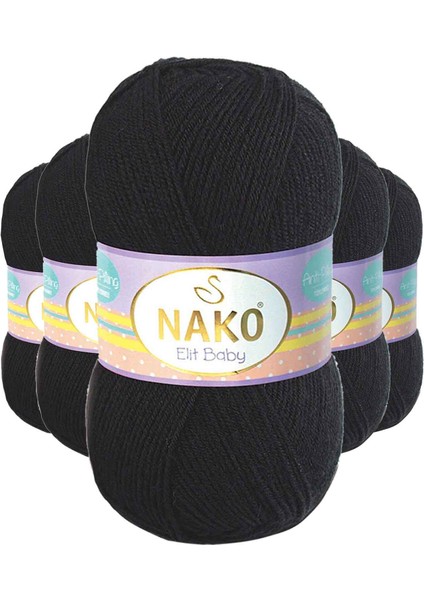 5 Adet Elite Baby El Örgü Ipi Tüylenmeyen Bebek Yünü Siyah 217