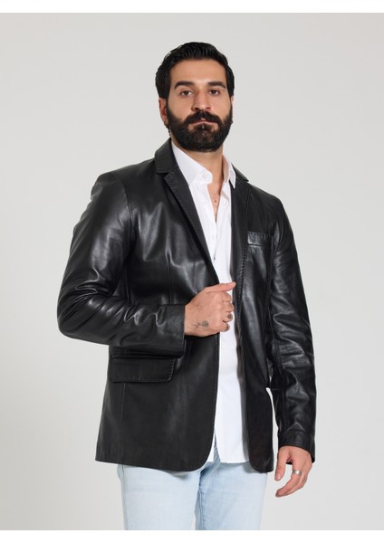Erkek Siyah Blazer Deri Ceket