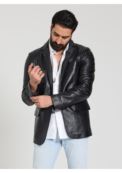 Erkek Siyah Blazer Deri Ceket