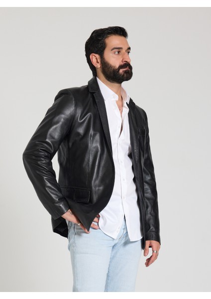 Erkek Siyah Blazer Deri Ceket