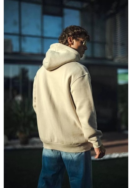 Üç Iplik Penye Kapşonlu Basic Sweatshirt - Bej