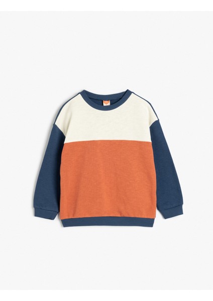 Sweatshirt Uzun Kollu Bisiklet Yaka Renk Bloklu Şardonlu Pamuklu