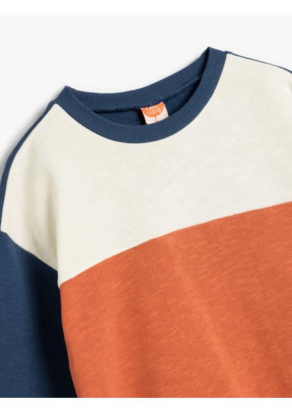 Sweatshirt Uzun Kollu Bisiklet Yaka Renk Bloklu Şardonlu Pamuklu