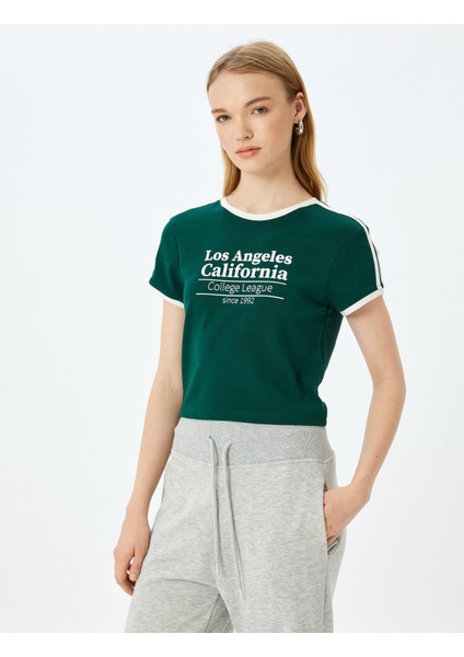 Slogan Baskılı Bisiklet Yaka Kısa Kollu Biyeli Slim Fit T-Shirt modelleri