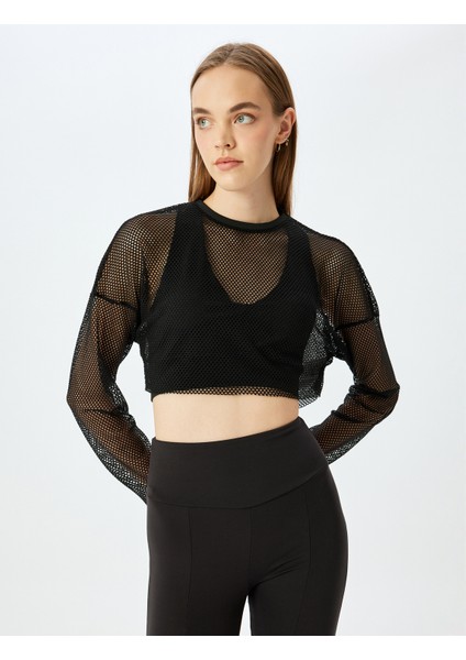 File Detaylı Crop Bisiklet Yaka Uzun Kollu Spor T-Shirt