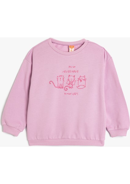 Sweatshirt Uzun Kollu Kedi Baskılı Bisiklet Yaka Şardonlu Pamuklu