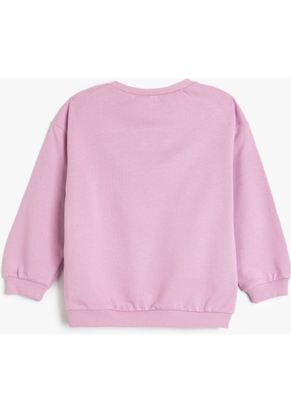 Sweatshirt Uzun Kollu Kedi Baskılı Bisiklet Yaka Şardonlu Pamuklu