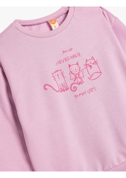 Sweatshirt Uzun Kollu Kedi Baskılı Bisiklet Yaka Şardonlu Pamuklu