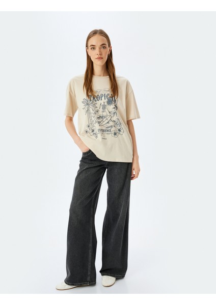 Slogan Baskılı Kısa Kollu Bisiklet Yaka Oversize T-Shirt
