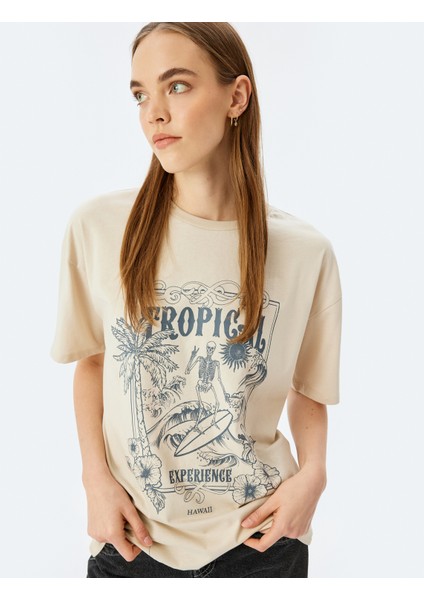 Slogan Baskılı Kısa Kollu Bisiklet Yaka Oversize T-Shirt
