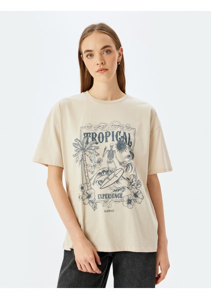 Slogan Baskılı Kısa Kollu Bisiklet Yaka Oversize T-Shirt