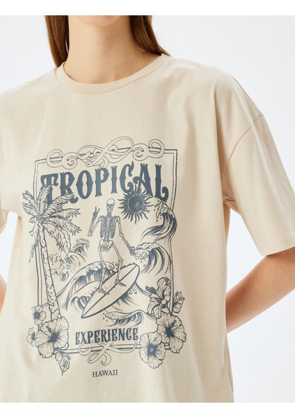 Slogan Baskılı Kısa Kollu Bisiklet Yaka Oversize T-Shirt