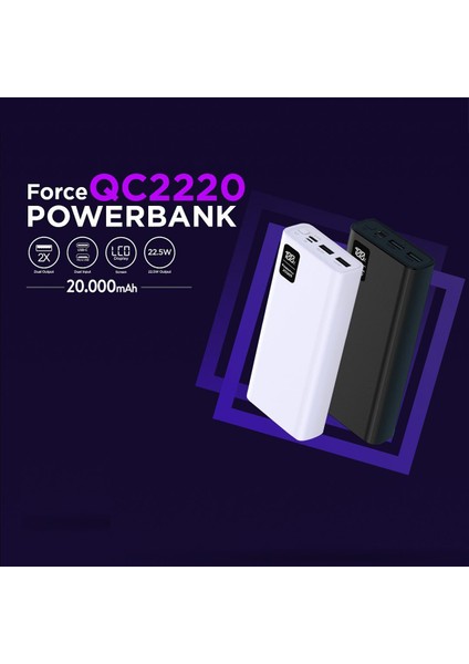 Hızlı Şarjlı Force 20.000 mAh Powerbank LCD Ekranlı 22.5W Pd Destekli Taşınabilir Şarj Cihazı