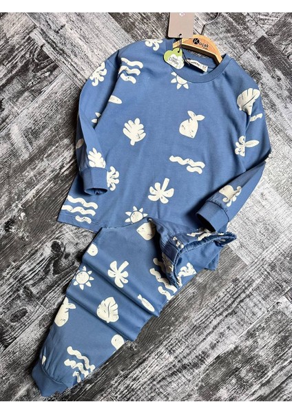 Palmiye Desenli Erkek Pijama Takımı Mavi - 4-5