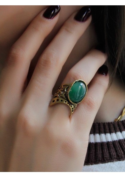Doğal Taş Yeşil Akik Doğal Taşlı Ayarlanabilir Yüzük EUY24YAA