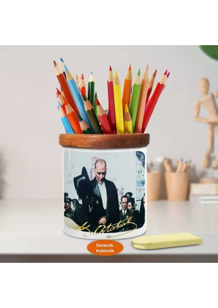 Şapkalı Sivil Mustafa Kemal Atatürk Ahşap Seramik KALEMLIK-ATA_319