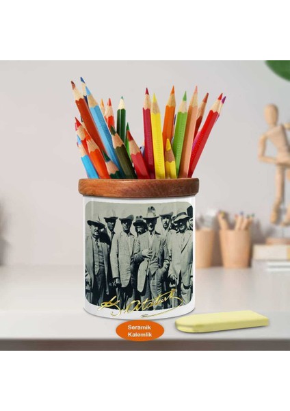 Şapkalı Mustafa Kemal Atatürk Ahşap Seramik Kalemlik -S333 fiyatları