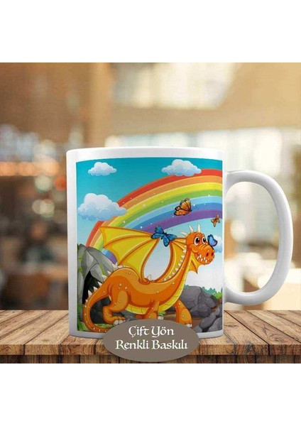Gökkuşağı ve Mutlu Dinazor Baskılı Kupa Bardak HEDIYELIK-10479