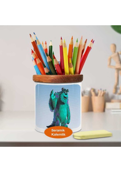 Sevimli Canavarlar Ahşaplı Seramik Kalemlik - FreeVectorSulley