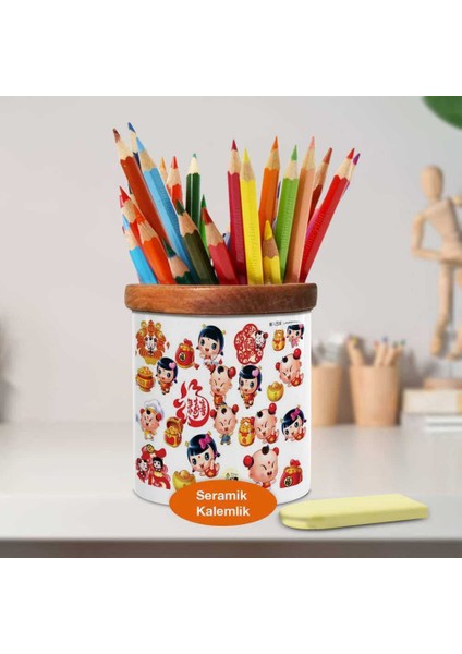 Sevimli Kawaii Bebekler Ahşaplı Seramik Kalemlik - 280-209