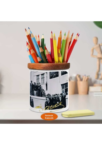 Halkıyla Birlikte Mustafa Kemal Atatürk Ahşap Seramik KALEMLIK-810 fiyatları