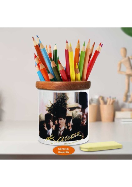 Kalpaklı Gazi Mustafa Kemal Atatürk Ahşap Seramik KALEMLIK-ATA_334 fiyatları