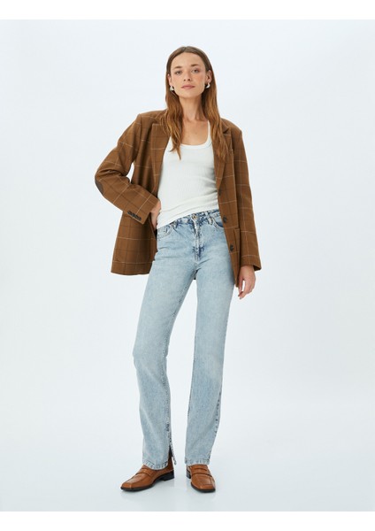 Yüksek Bel Ispanyol Paça Skinny Fit Düğmeli Yırtmaç Detaylı Kot Pantolon - Slim Flare Jean fiyatları
