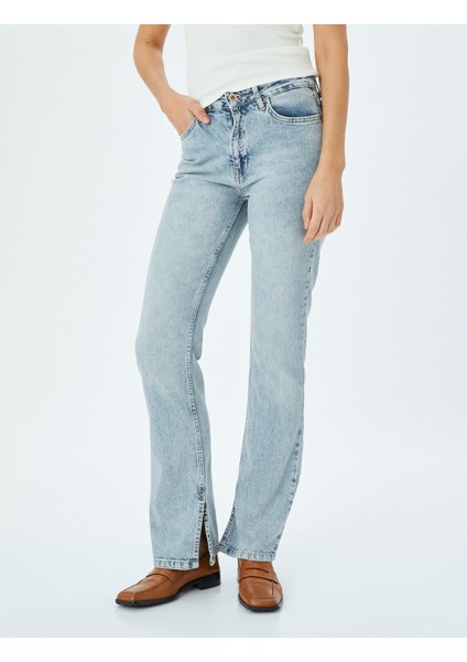 Yüksek Bel Ispanyol Paça Skinny Fit Düğmeli Yırtmaç Detaylı Kot Pantolon - Slim Flare Jean modelleri