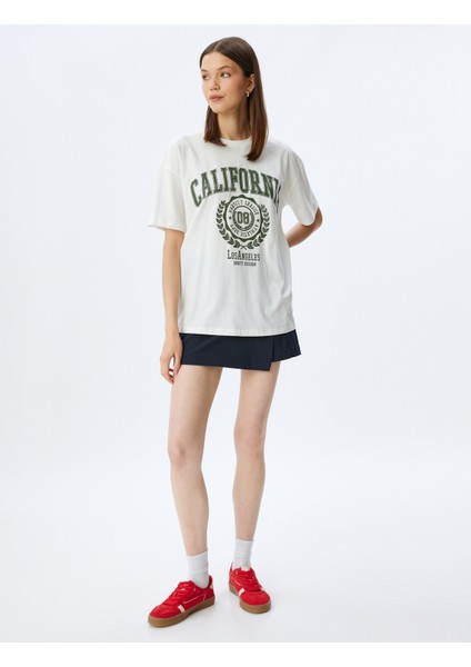 Oversize Kolej Baskılı Bisiklet Yaka Kısa Kollu Pamuklu T-Shirt