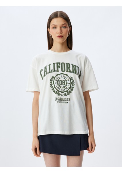 Oversize Kolej Baskılı Bisiklet Yaka Kısa Kollu Pamuklu T-Shirt