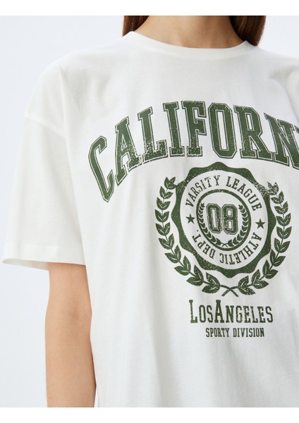 Oversize Kolej Baskılı Bisiklet Yaka Kısa Kollu Pamuklu T-Shirt