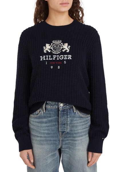 Tommy Hilfiger Yuvarlak Yaka Standart Nakışlı Lacivert Kazak Kadın Varsıty Crest C-Nk Sweater