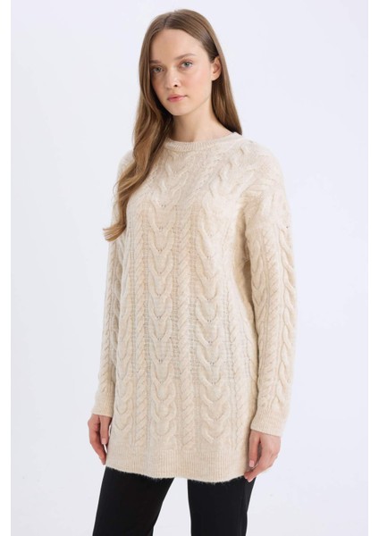 Regular Fit Bisiklet Yaka Saç Örgü Desenli Triko Kazak Tunik B4284AX24WN