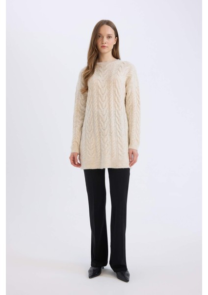 Regular Fit Bisiklet Yaka Saç Örgü Desenli Triko Kazak Tunik B4284AX24WN