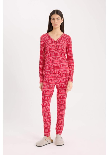 Pijama Takımı Waffle Kumaş Uzun Kollu Üst Beli Lastikli Uzun Alt-Fall in Love D2284AX24WN